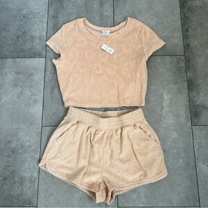 Offline Aerie Tan neutral Terrycloth Smiley Face Cropped Tee and shorts set XS/S